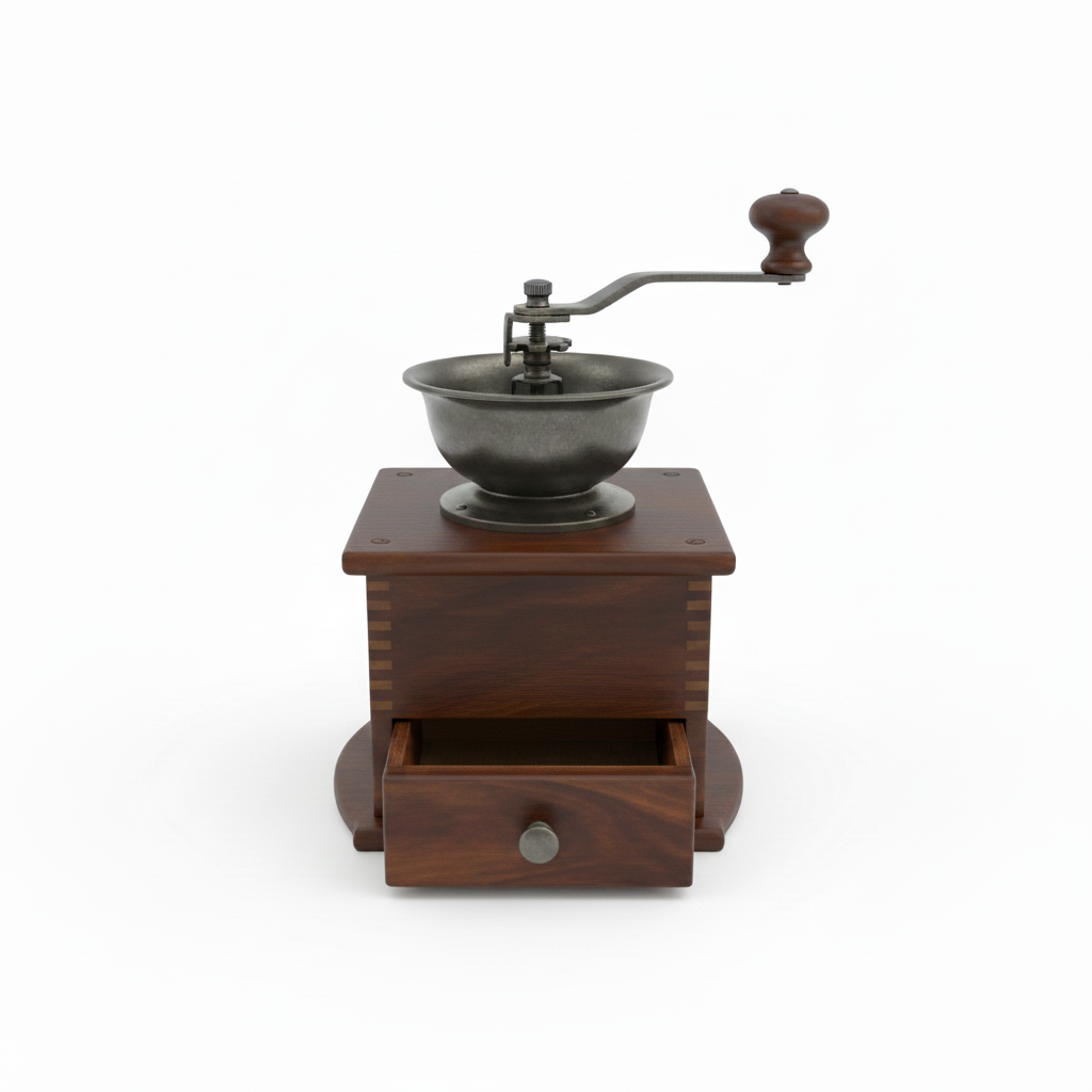 Molinet de cafè suís vintage amb fusta fosca i calaix obert sobre fons blanc